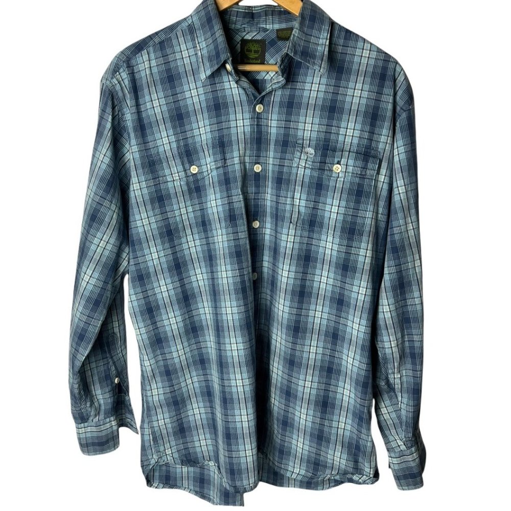 Timberland Men's Blue Plaid Long Sleeve Button Front Roll Tab Shirt Large